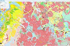 Utsnitt av en karta från kartvisaren Bergartskemi. Illustration.