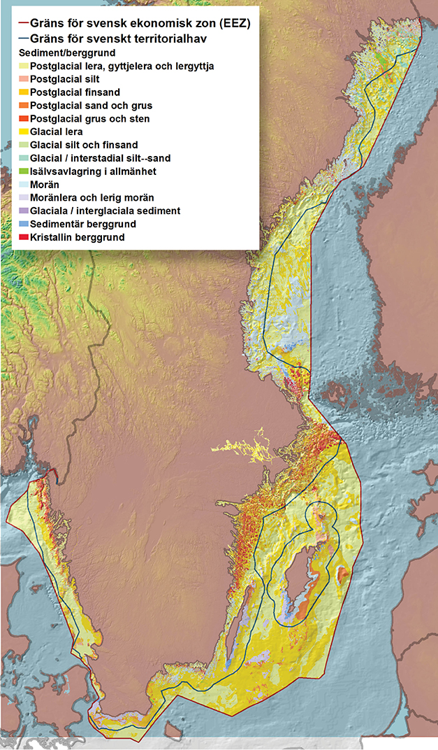 Kartan visar de juridiska gr&auml;nserna f&ouml;r den svenska kontinentalsockeln, f&ouml;r svenskt territorialhav och f&ouml;r svensk ekonomisk zon, samt den &ouml;versiktliga utbredningen av sediment och berggrund i den &ouml;vre delen av havsbottnen.